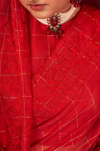 Red hand-embroidery checks silk saree