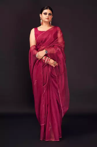 Dark magenta embroidered chanderi silk  saree