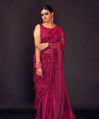 Dark magenta embroidered chanderi silk  saree 3