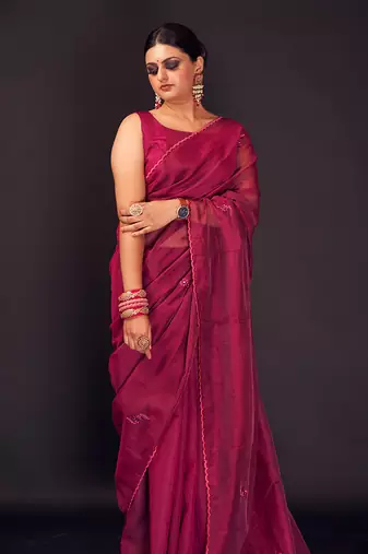 Dark magenta embroidered chanderi silk  saree