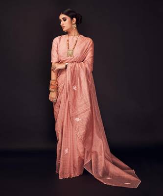 Peach embroidered chanderi silk saree 1