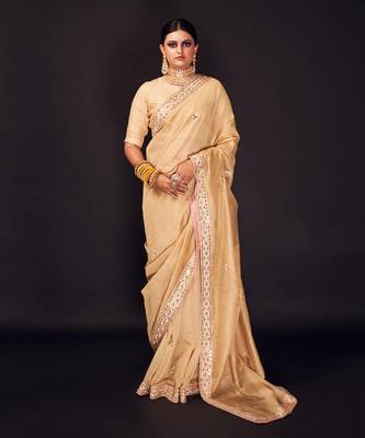 Beige embroidered tissue silk saree 1