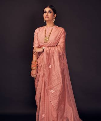 Peach embroidered chanderi silk saree 2