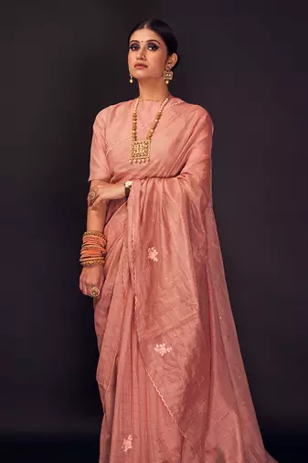Peach embroidered chanderi silk saree