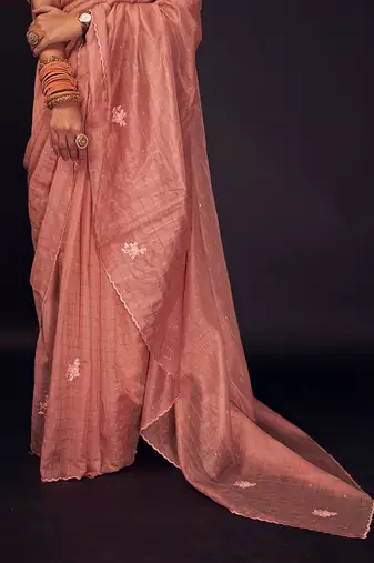 Peach embroidered chanderi silk saree