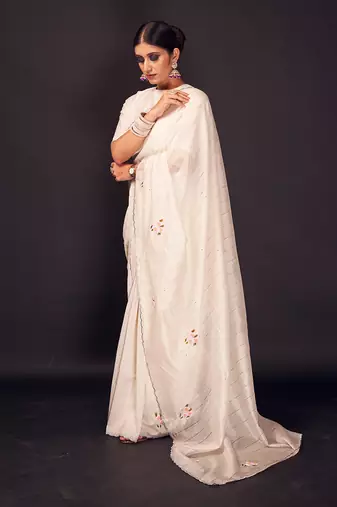 White buti embroidered chanderi silk saree