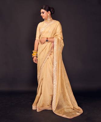 Beige embroidered tissue silk saree 3