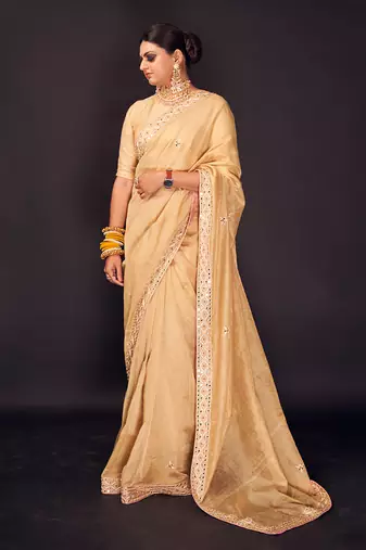 Beige embroidered tissue silk saree