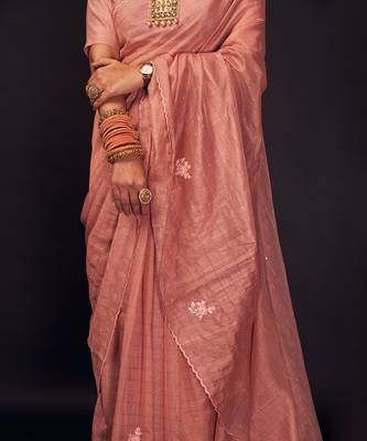 Peach embroidered chanderi silk saree 4