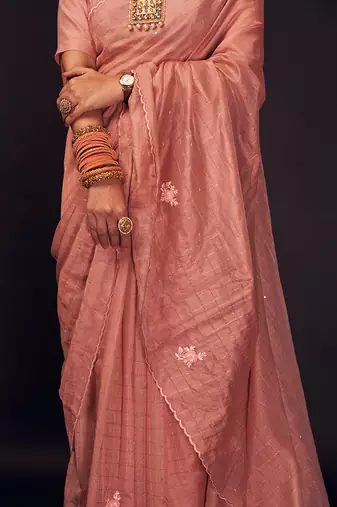 Peach embroidered chanderi silk saree
