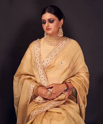 Beige embroidered tissue silk saree 4