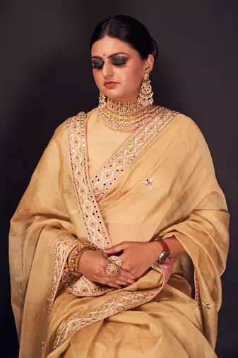 Beige embroidered tissue silk saree