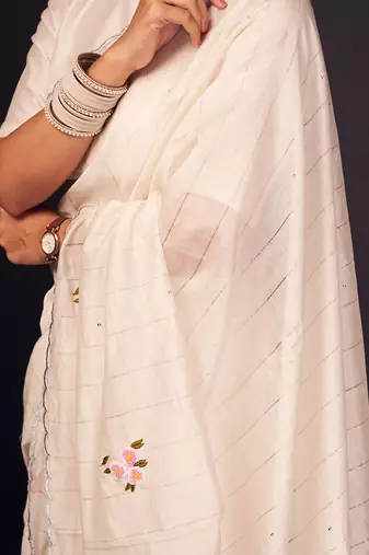 White buti embroidered chanderi silk saree