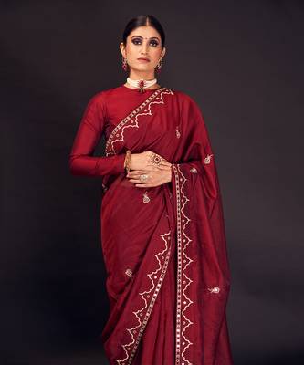 Maroon-red embroidered chanderi silk saree 1