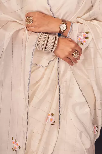 White buti embroidered chanderi silk saree
