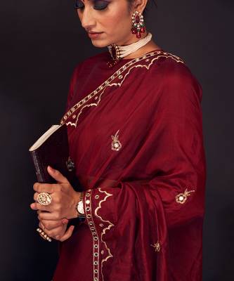 Maroon-red embroidered chanderi silk saree 2