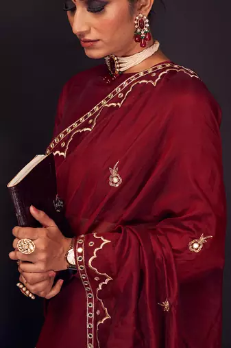 Maroon-red embroidered chanderi silk saree