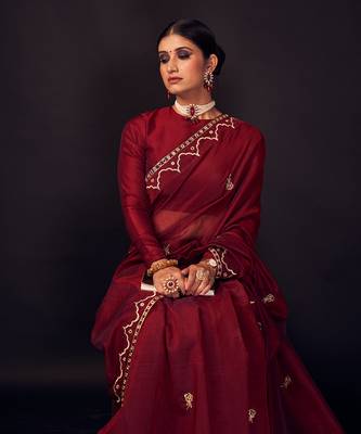 Maroon-red embroidered chanderi silk saree 3