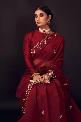 Maroon-red embroidered chanderi silk saree