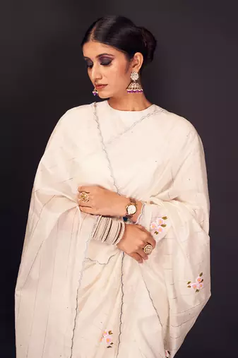 White buti embroidered chanderi silk saree