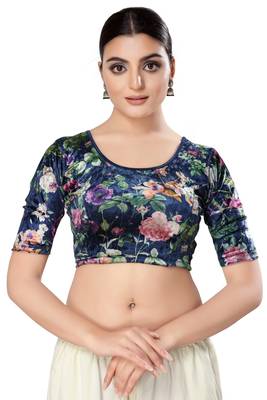 SALWAR STUDIO Women's Navy Blue Printed Stretchable Saree Blouse 1