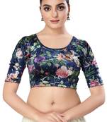 SALWAR STUDIO Women's Navy Blue Printed Stretchable Saree Blouse