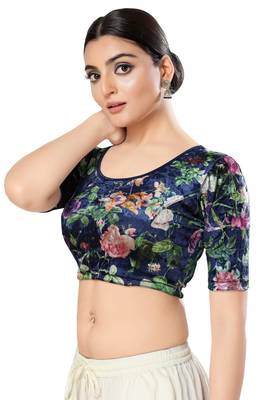 SALWAR STUDIO Women's Navy Blue Printed Stretchable Saree Blouse 2