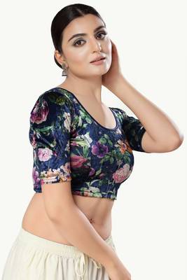 SALWAR STUDIO Women's Navy Blue Printed Stretchable Saree Blouse 3
