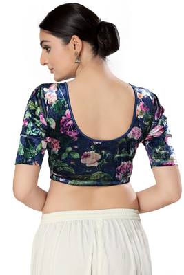 SALWAR STUDIO Women's Navy Blue Printed Stretchable Saree Blouse 4