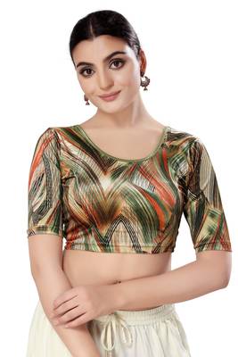 SALWAR STUDIO Women's Mahendi Green Printed Stretchable Saree Blouse 1