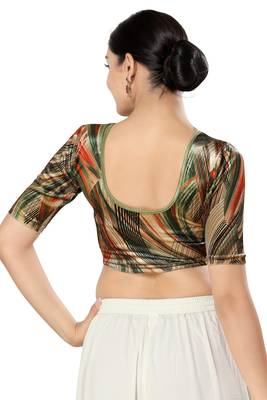 SALWAR STUDIO Women's Mahendi Green Printed Stretchable Saree Blouse 4