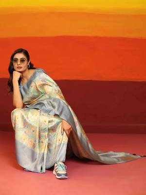 Silk Land  Grey  Woven Design Art Silk Saree  2