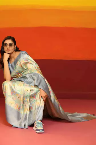 Silk Land  Grey  Woven Design Art Silk Saree 