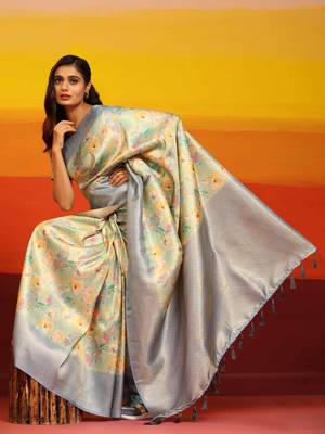 Silk Land  Grey  Woven Design Art Silk Saree  5