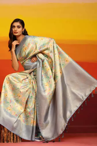 Silk Land  Grey  Woven Design Art Silk Saree 