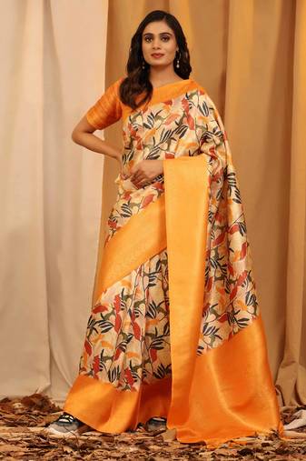 Silk Land  Orange  Woven Design Art Silk Saree 