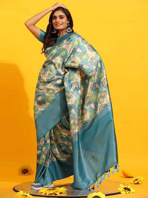 Silk Land  Turquoise Blue  Woven Design Art Silk Saree  1