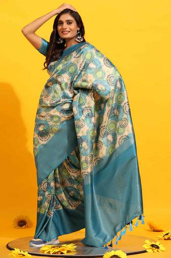 Silk Land  Turquoise Blue  Woven Design Art Silk Saree 