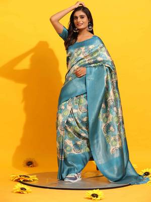 Silk Land  Turquoise Blue  Woven Design Art Silk Saree  5