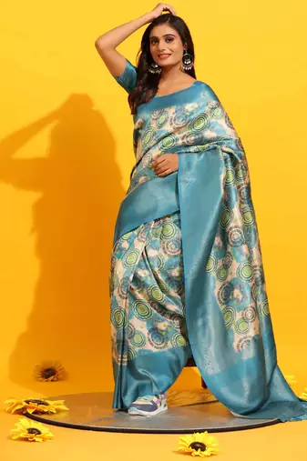 Silk Land  Turquoise Blue  Woven Design Art Silk Saree 