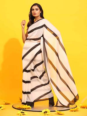 Silk Land  White  Printed Soft Silk Blend Saree  1