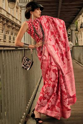 Pink Orgazna Chickankari Zari Lucknowi Handloom Weaving Saree With Blouse For Women 1