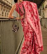 Pink Orgazna Chickankari Zari Lucknowi Handloom Weaving Saree With Blouse For Women