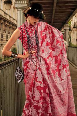 Pink Orgazna Chickankari Zari Lucknowi Handloom Weaving Saree With Blouse For Women 2
