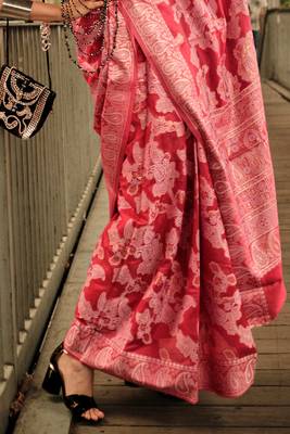 Pink Orgazna Chickankari Zari Lucknowi Handloom Weaving Saree With Blouse For Women 4