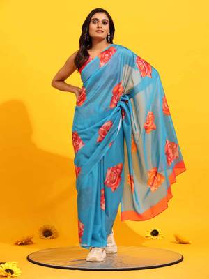 Silk Land  Blue  Printed Soft Silk Blend Saree  1