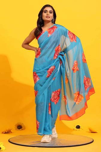 Silk Land  Blue  Printed Soft Silk Blend Saree 