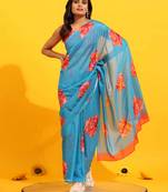 Silk Land  Blue  Printed Soft Silk Blend Saree 