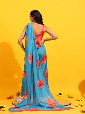 Silk Land  Blue  Printed Soft Silk Blend Saree  2