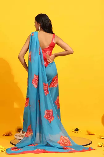 Silk Land  Blue  Printed Soft Silk Blend Saree 